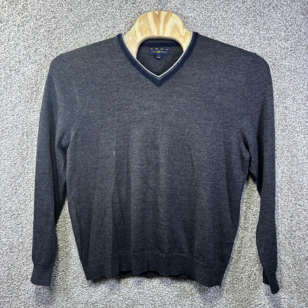 Club‎ Room Sweater Mens Large Gray Merino Wool V Neck Knit Pullover Lightweight